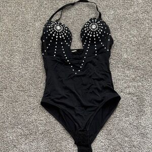 Black Halter Bodysuit with Silver Embellishments